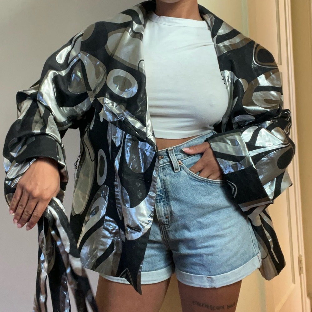vintage ashley stewart groovy 70s black/silver/chrome jacket
